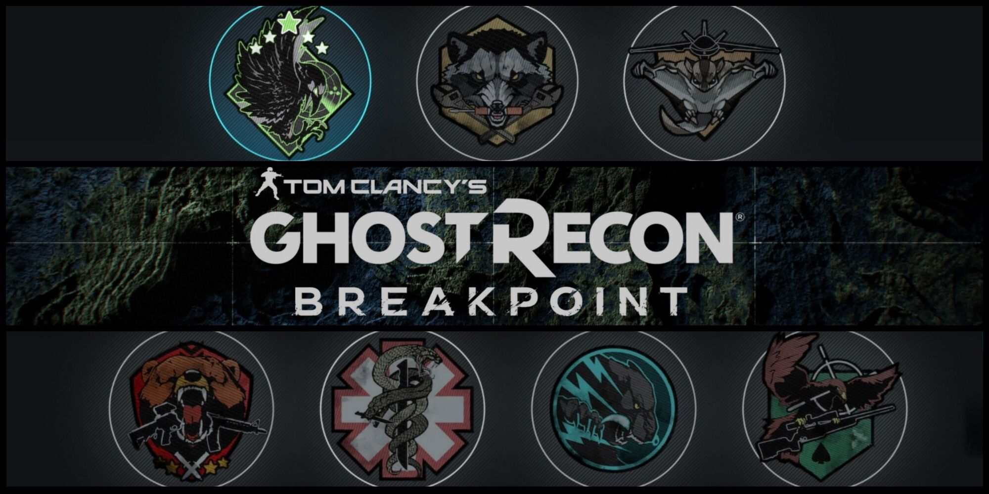 The Ghost Recon Breakpoint title with the 7 logos of the different character classes