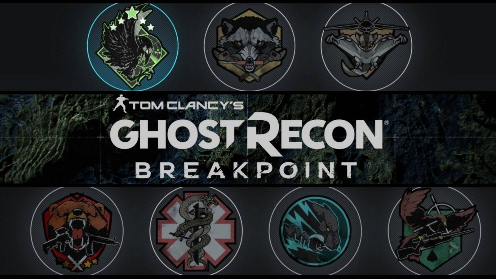 The Ghost Recon Breakpoint title with the 7 logos of the different character classes
