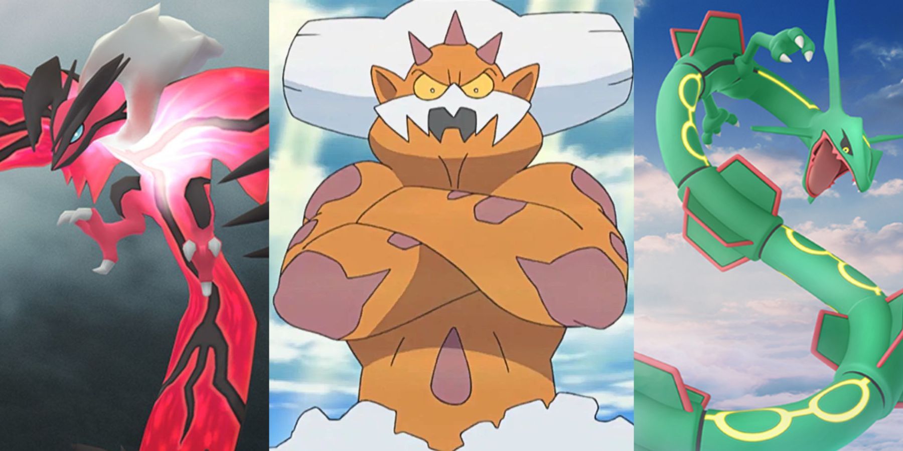 Yveltal, Landorus, and Rayquaza stand in a line reading themselves for battle