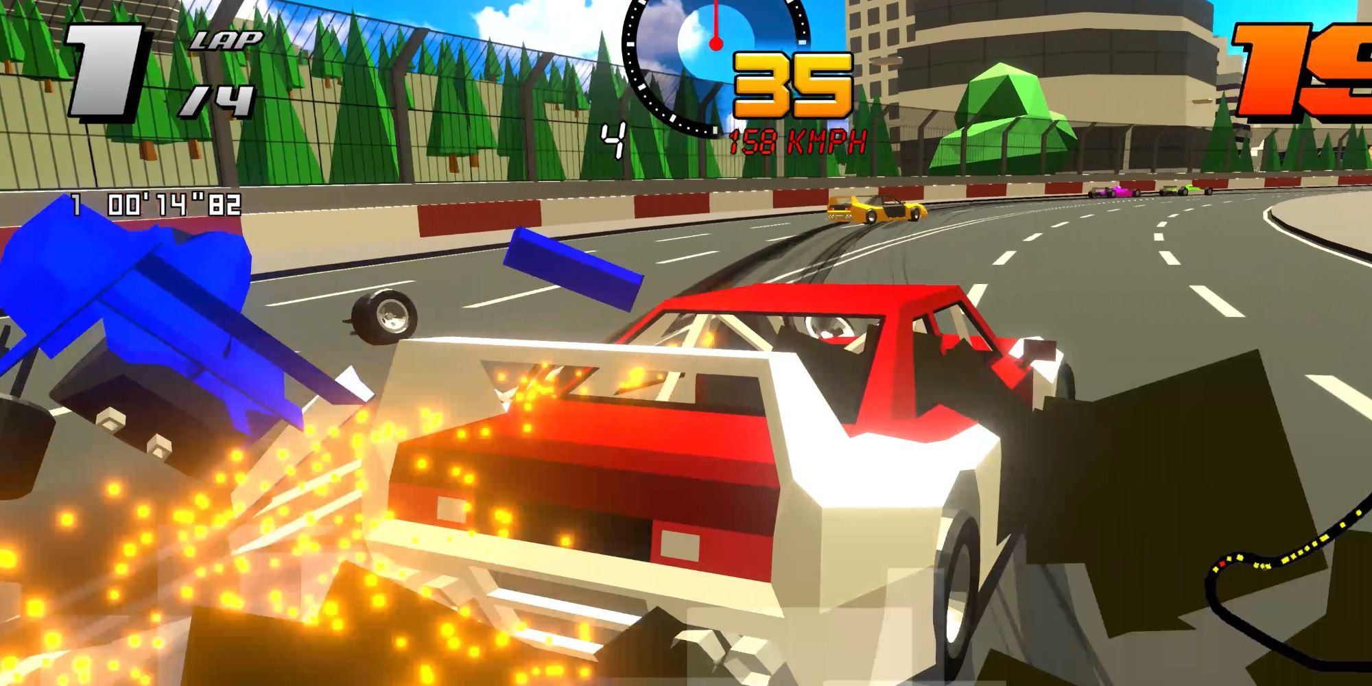 Cars crash into each other in formula retro racing 