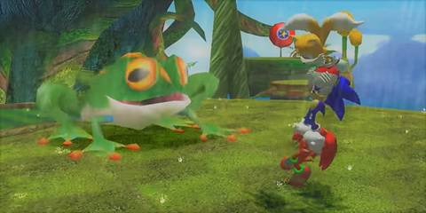 Sonic Heroes Tails, Sonic, and Knuckles next to a frog in Frog Forest