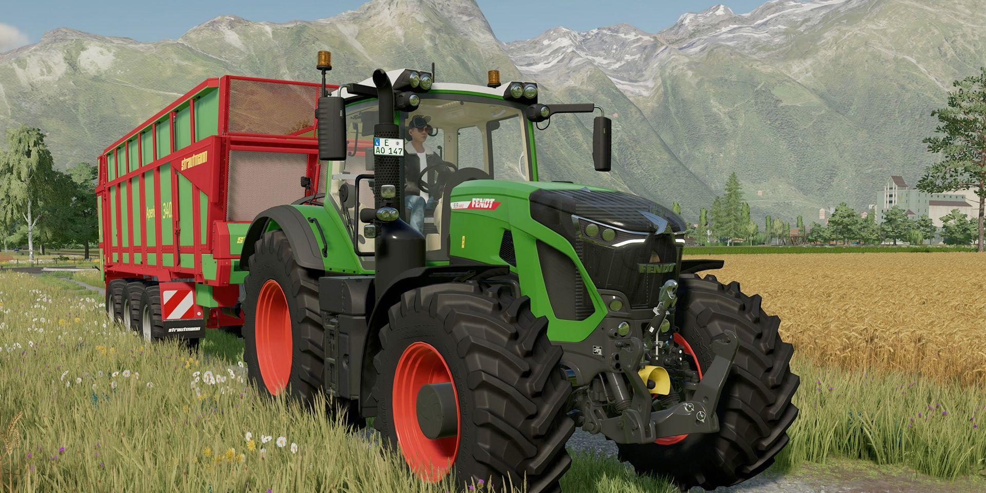 Screenshot of a green tractor pulling a wagon in Farming Simulator 22, mountains in the background