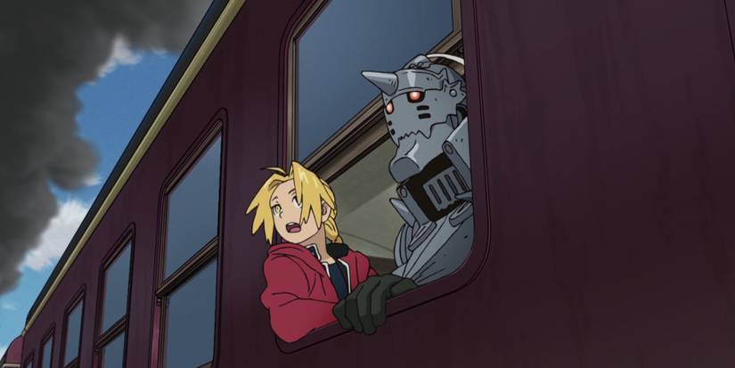 Ed and Al on a train, leaning out on the open window.