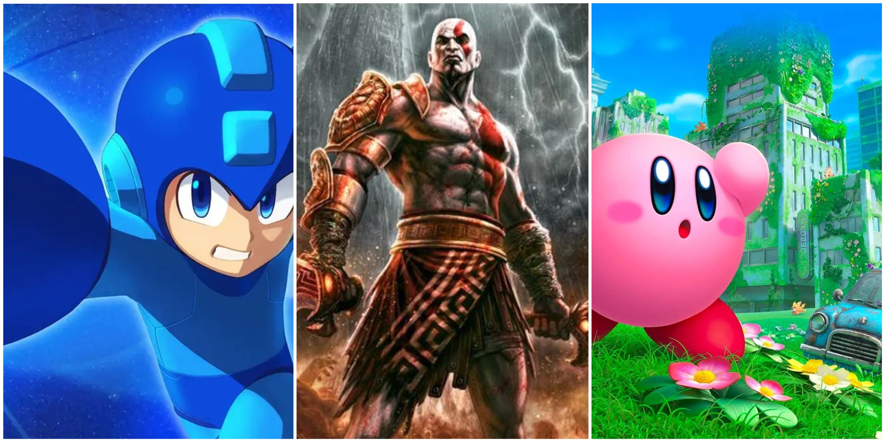 mega man from mega man, kratos from god of war, kirby from Kirby and the Forgotten Land