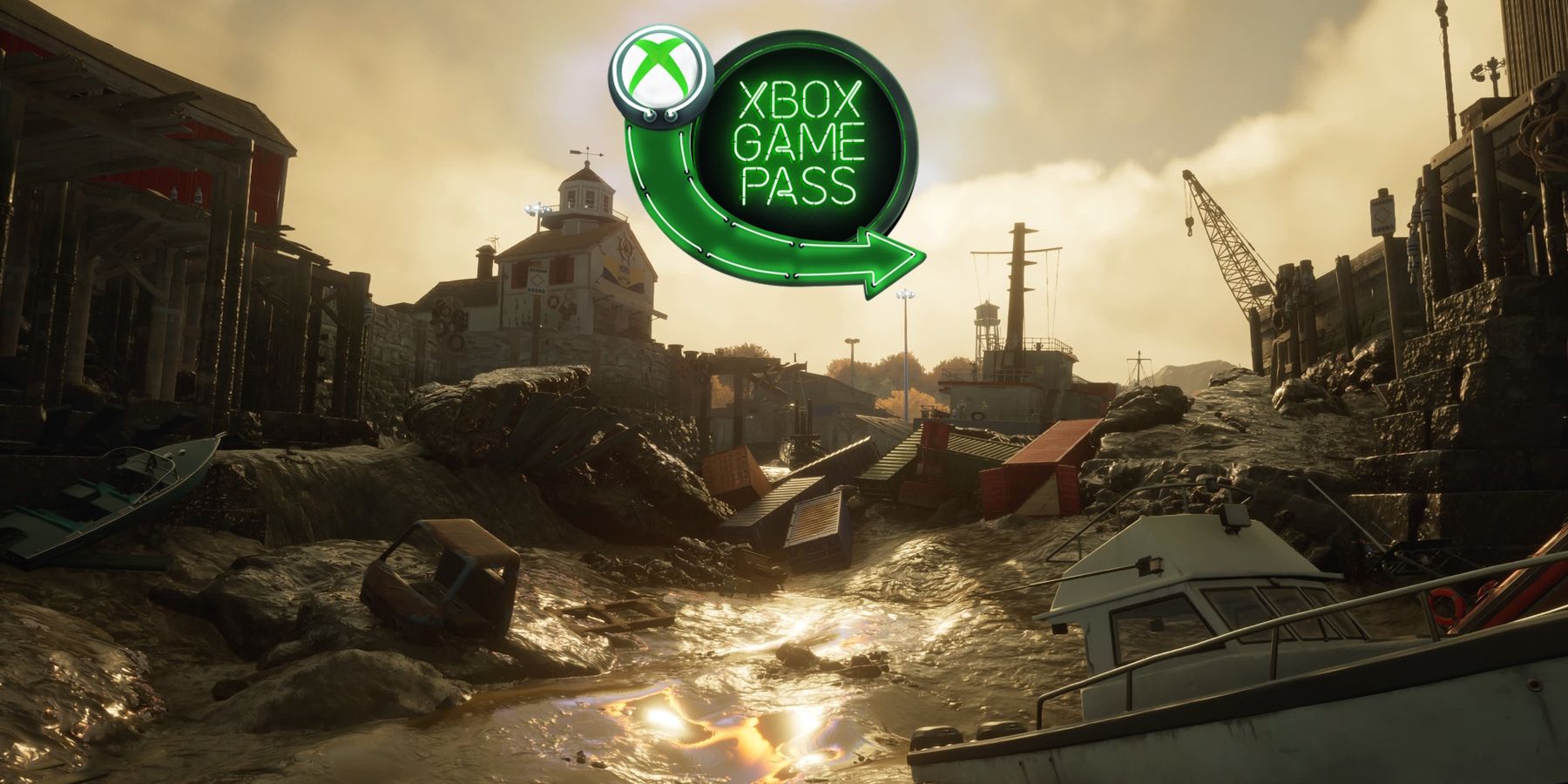 Game Pass logo on top of screenshot of Redfall's harbor