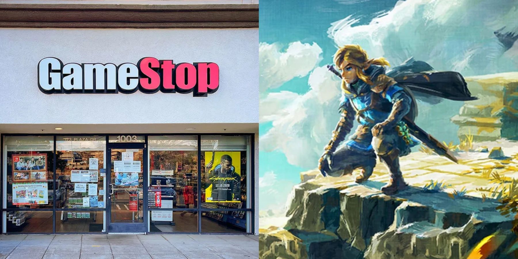 gamestop storefront and link on zelda tears of the kingdom cover