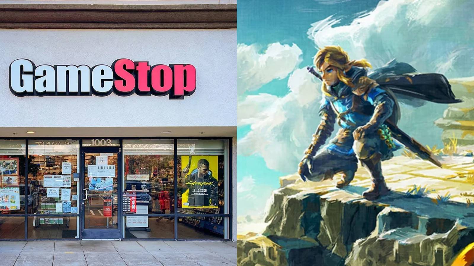 gamestop storefront and link on zelda tears of the kingdom cover