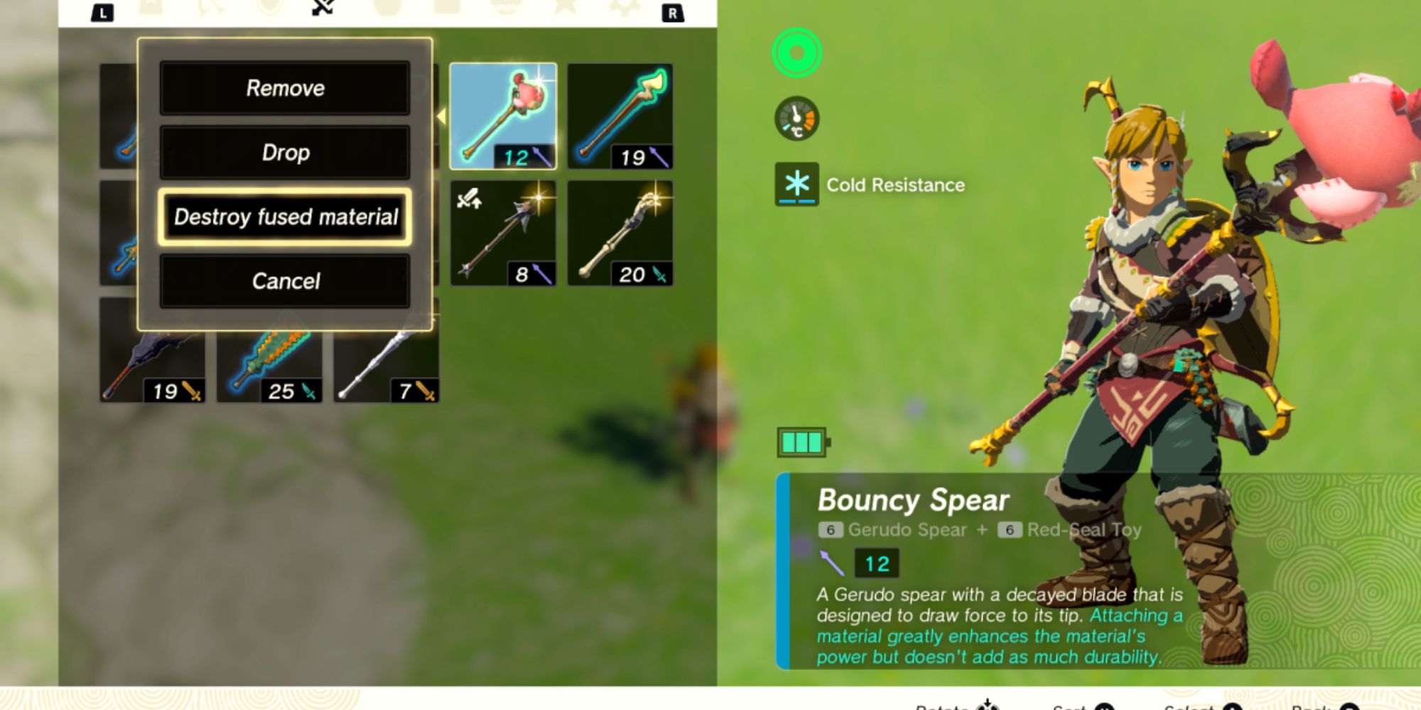 A Gerudo Spear fused with a toy in the inventory