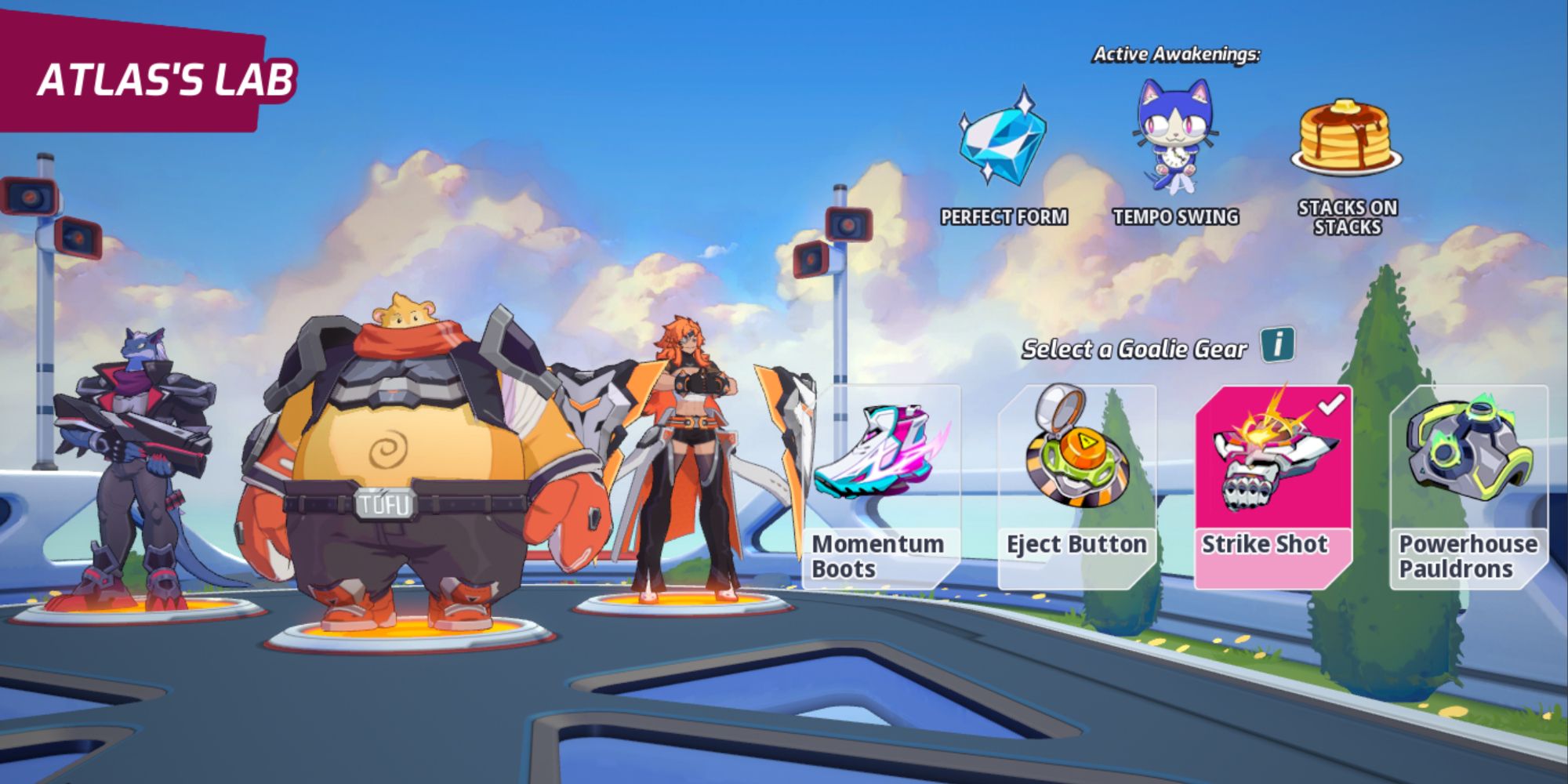 The pre-game screen showing the gear selection options in Omega Strikers. The Strike Shot gear is highlighted