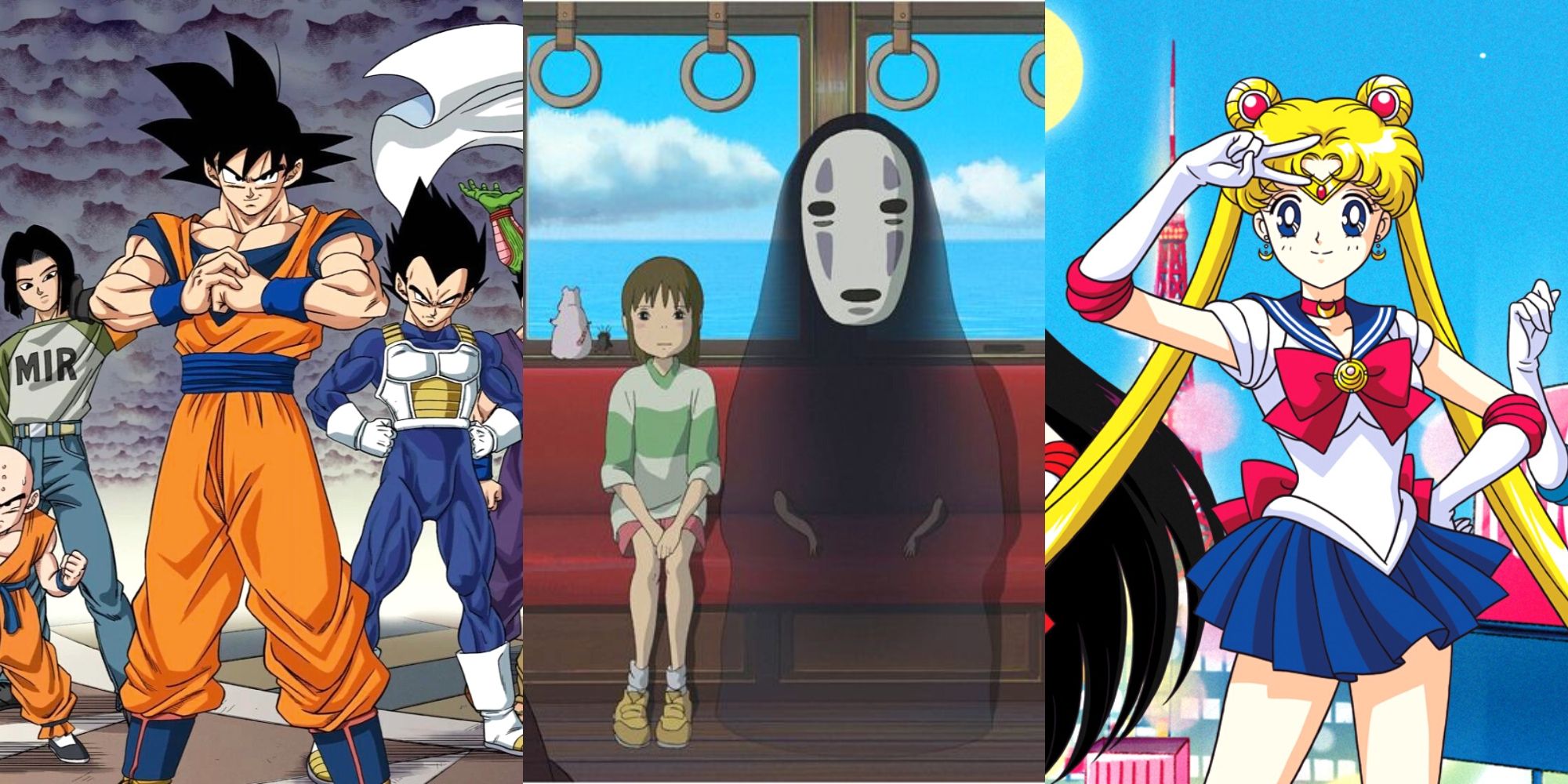 Goku in Dragon Ball, Chihiro and No Face in Spirited Away, Sailor Moon in Sailor Moon