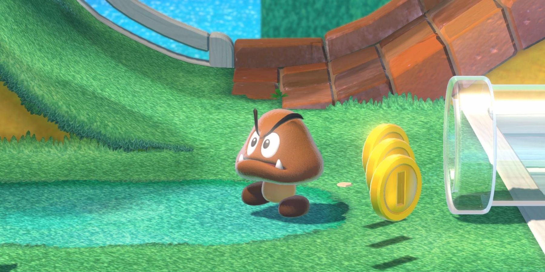 A Goomba guarding some coins