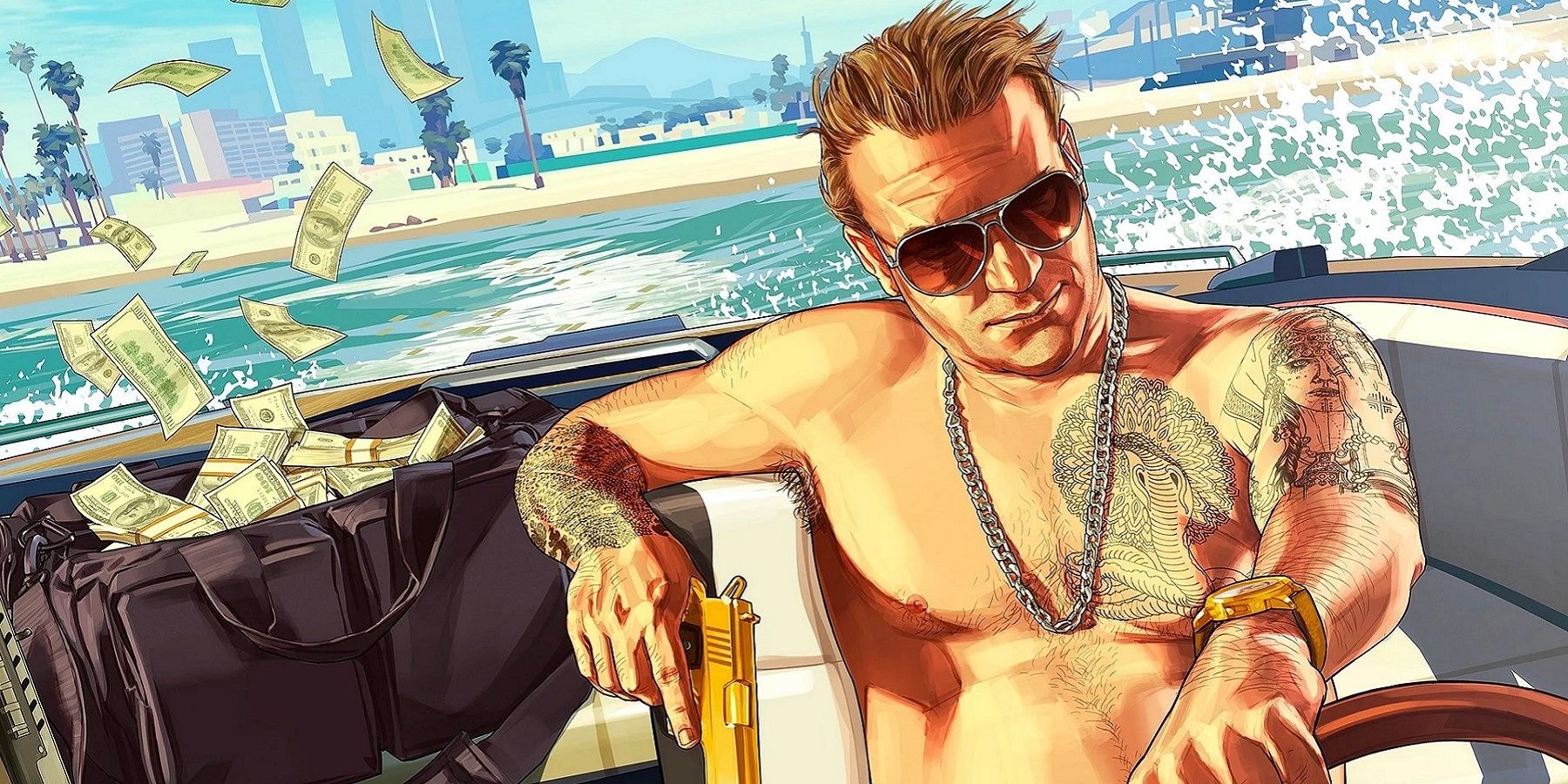 Image from GTA 5 showing a shirtless man riding away in a boat carrying a bag of money.