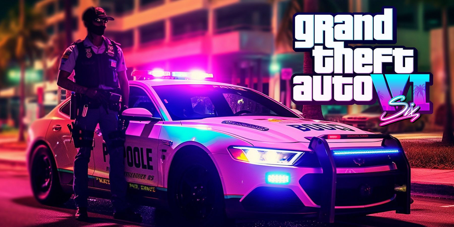 A Grand Theft Auto 6 image showing a police officer stood by a car that's flashing its lights.