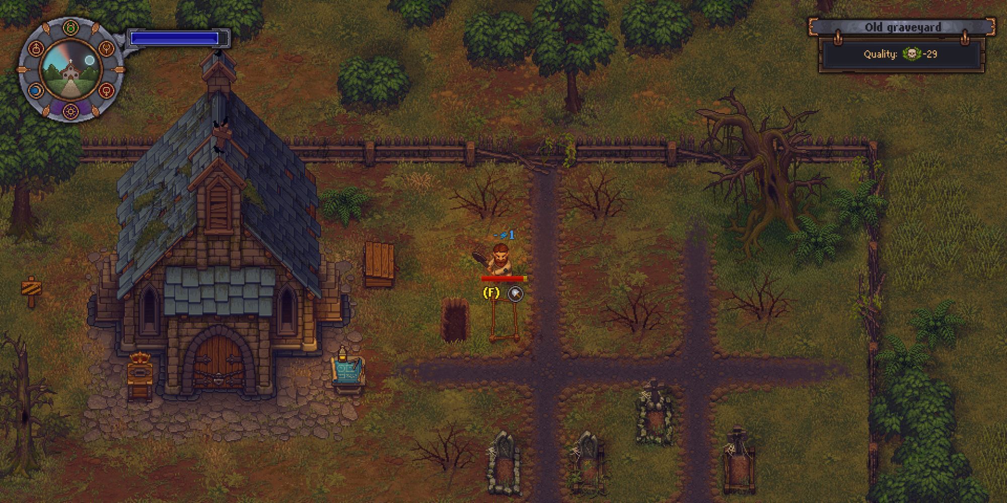 A player digging in a cemetery in Graveyard Keeper