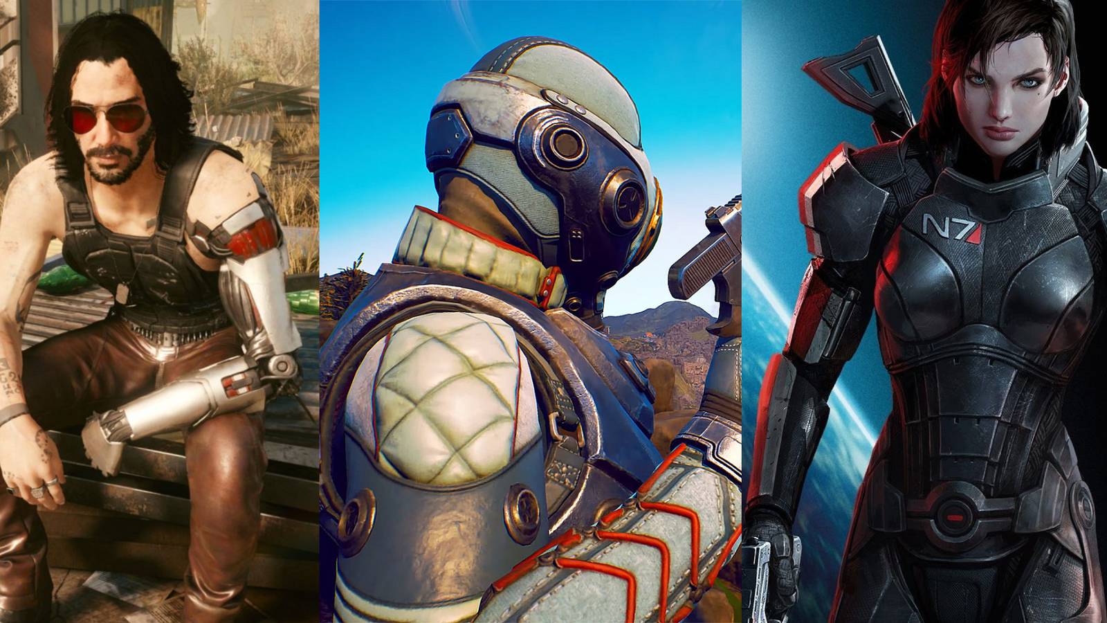 Split image: characters from three examples of sci-fi RPGs Cyberpunk, Outer Worlds and Mass Effect