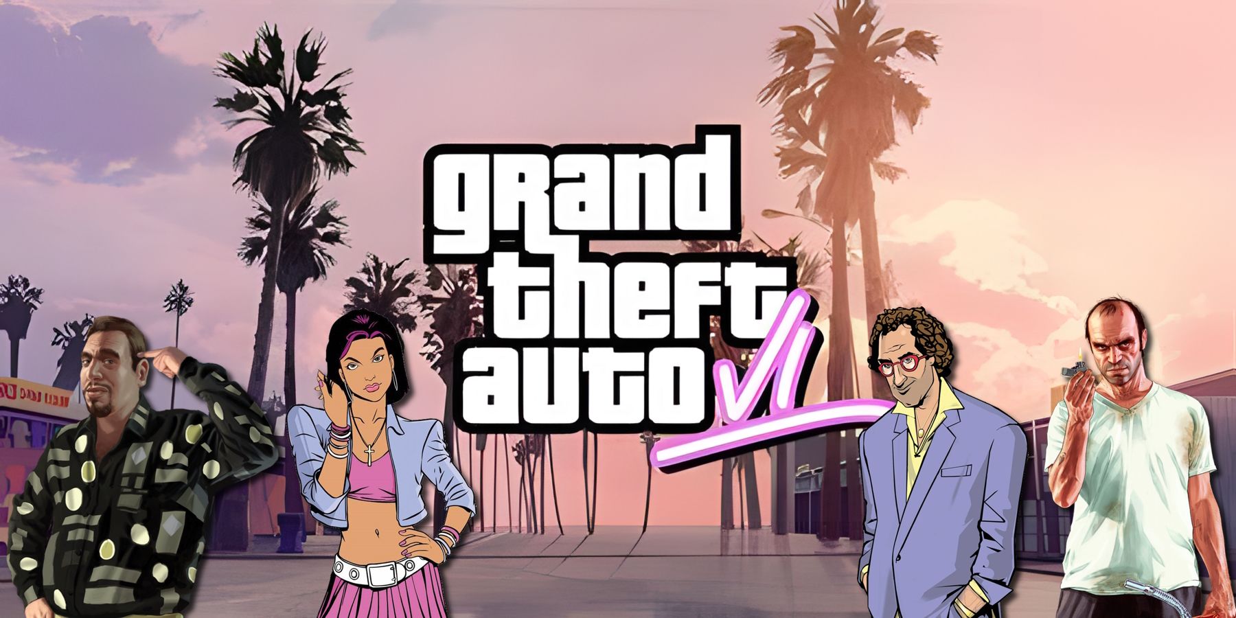GTA 6 art with classic characters from GTA 4, GTA 5, and GTA Vice City