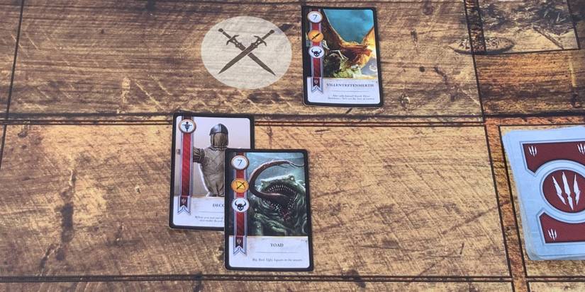 The Decoy, Toad, and Villentretenmerth cards from the Monster Gwent deck from The Witcher 3
