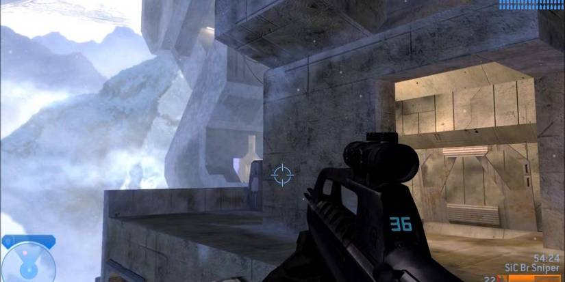 Holding the battle rifle on a terrace in the snow