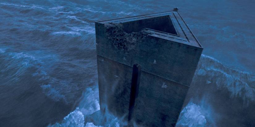 An aerial view of the Azkaban prison from Harry Potter