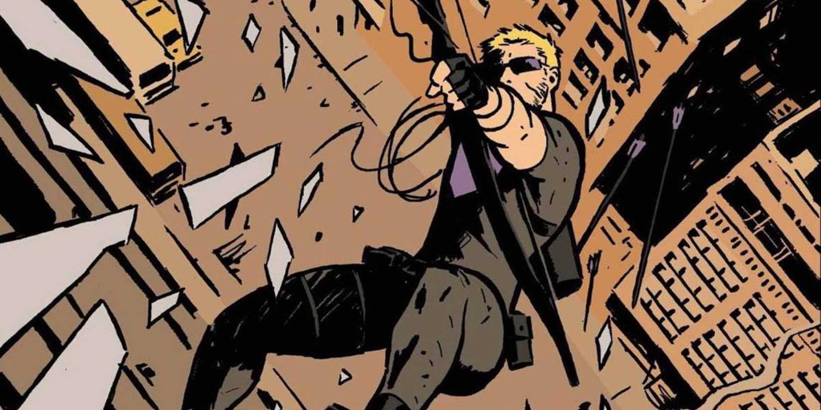 Hawkeye aiming his bow while falling backwards in the comic