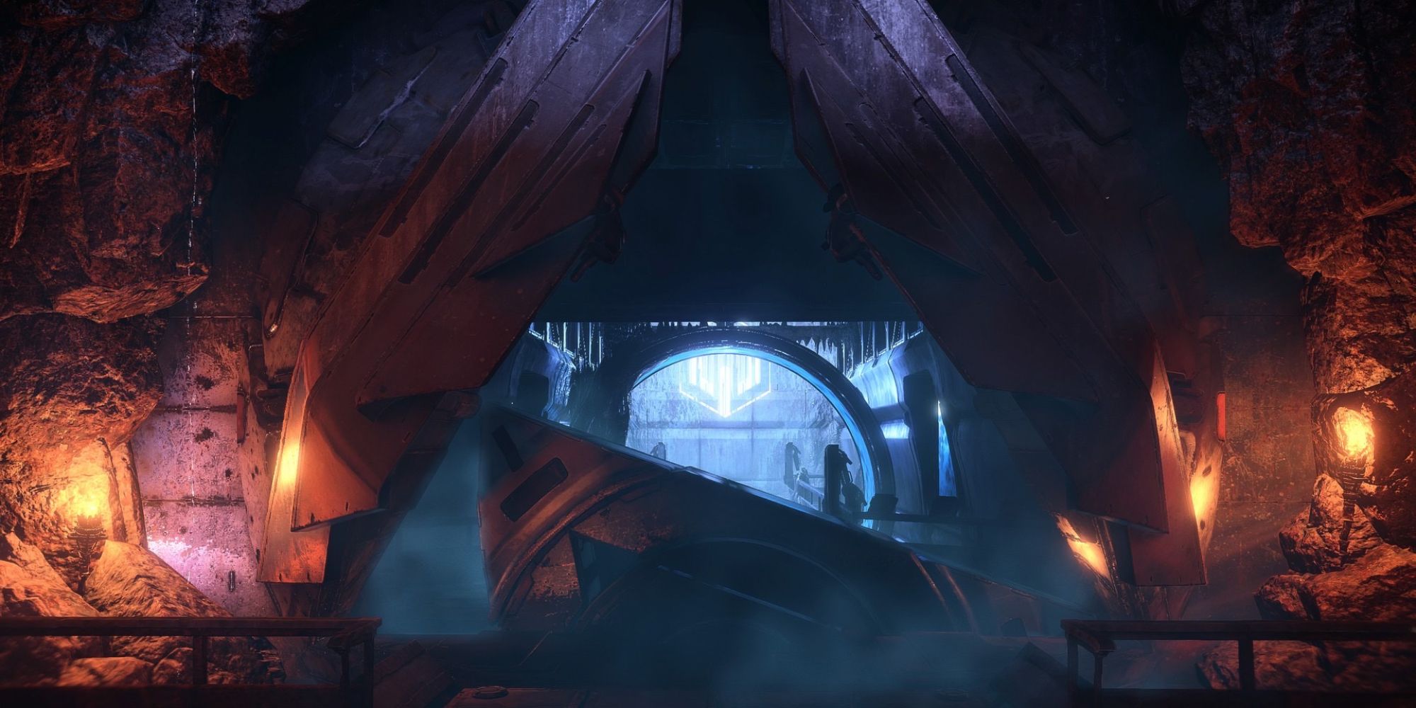 A candle-lit metallic doorway to the Latopolis facility from Horizon: Forbidden West