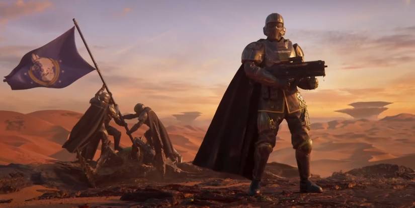 Helldivers 2 soldiers rising a flag