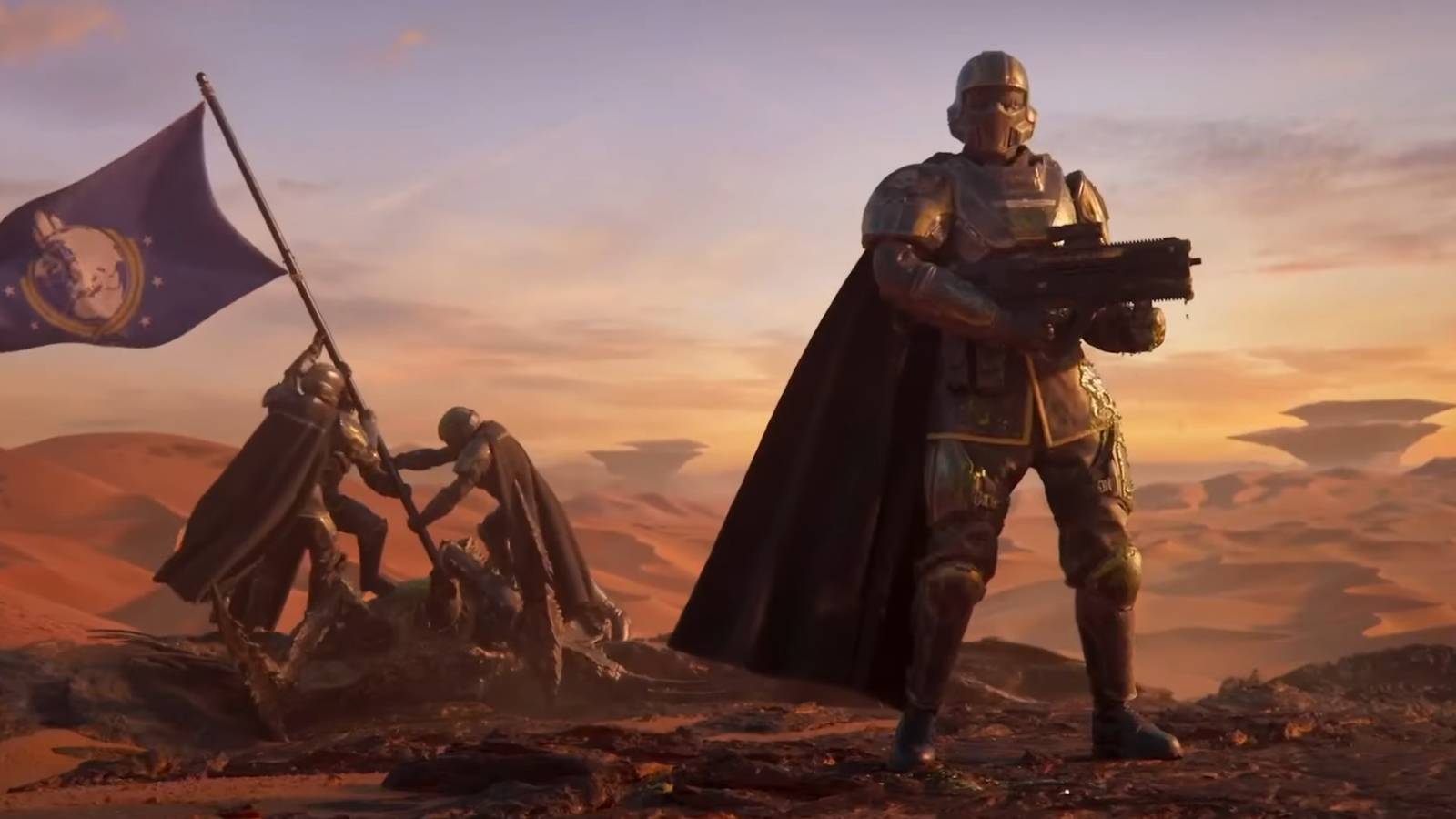 Helldivers 2 soldiers rising a flag