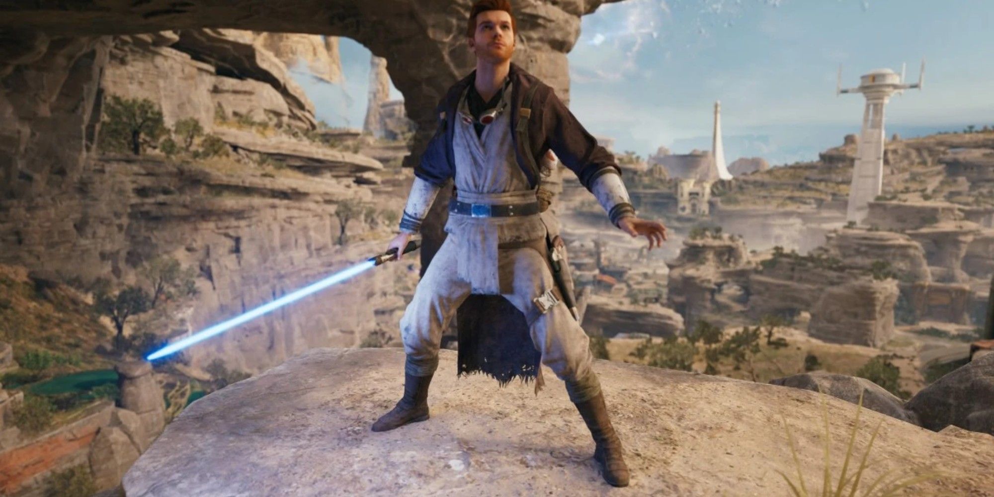 Cal wears the hermit costume with Obi-Wan's lightsaber