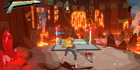 Chai standing and snapping in a lava level in Hi-Fi Rush