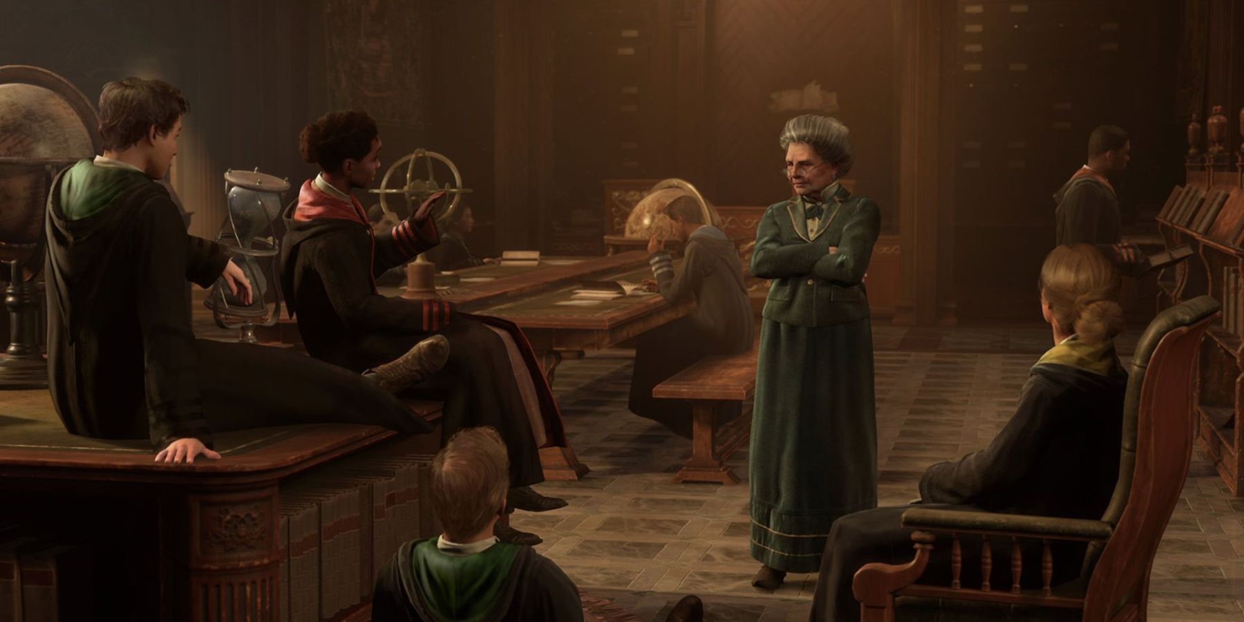 students and a teacher in Hogwarts discussing something