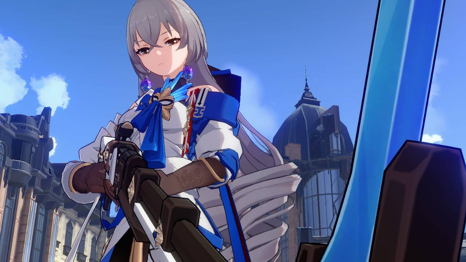 Bronya on the streets of Belobog in Honkai Star Rail