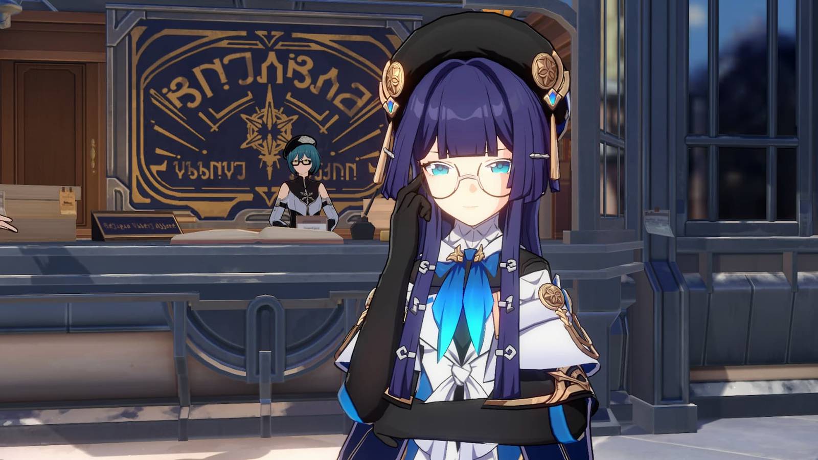 Pela in front of a book store in Honkai: Star Rail