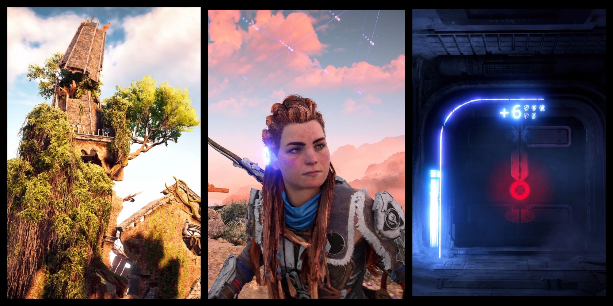A city ruin on the left, Aloy in the center, and a neon-lit underground bunker to the right.