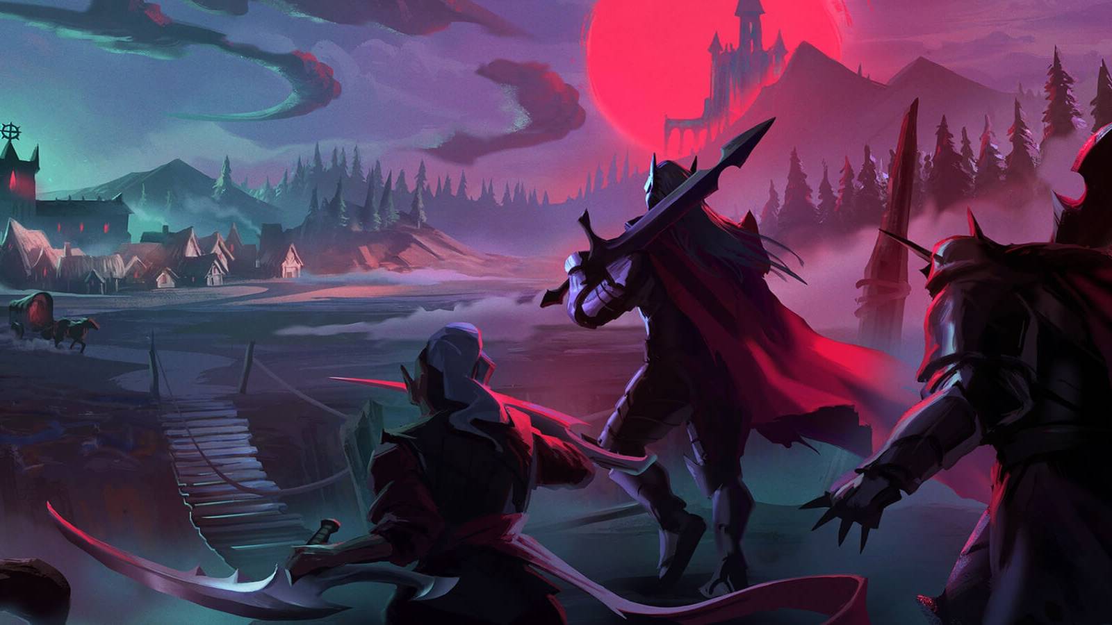 Vampires Heading Towards Village at Night under Blood Moon in V Rising