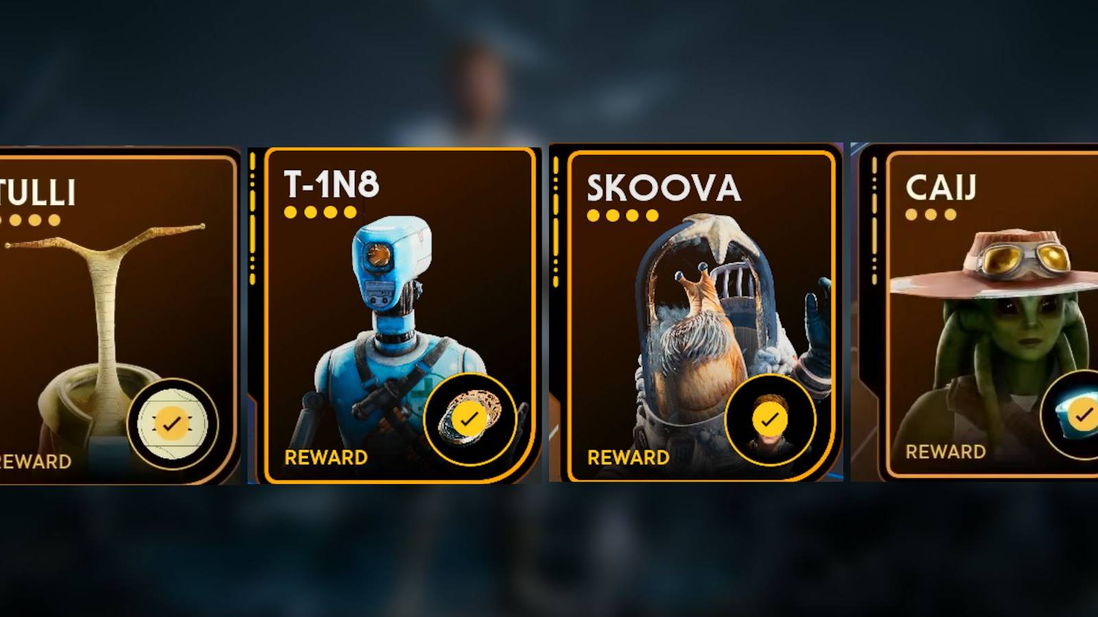 image of four recruitable characters in star wars jedi survivor.