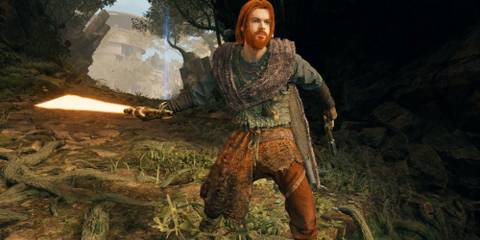 cal wearing the hunter outfit with an orange lightsaber