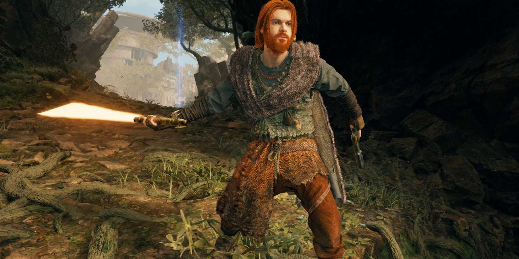 cal wearing the hunter outfit with an orange lightsaber