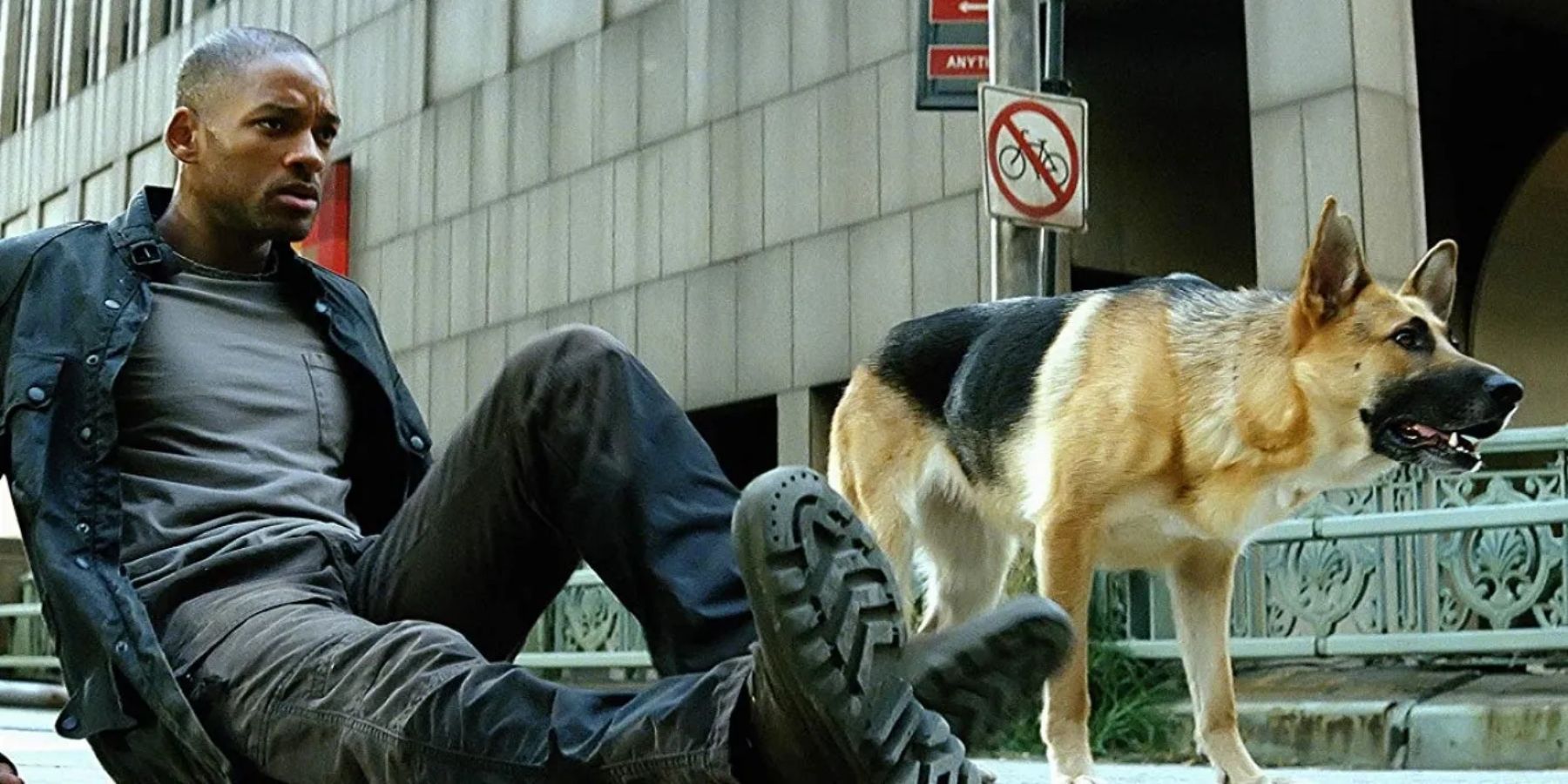 Robert Neville (Will Smith) and a dog in I Am Legend