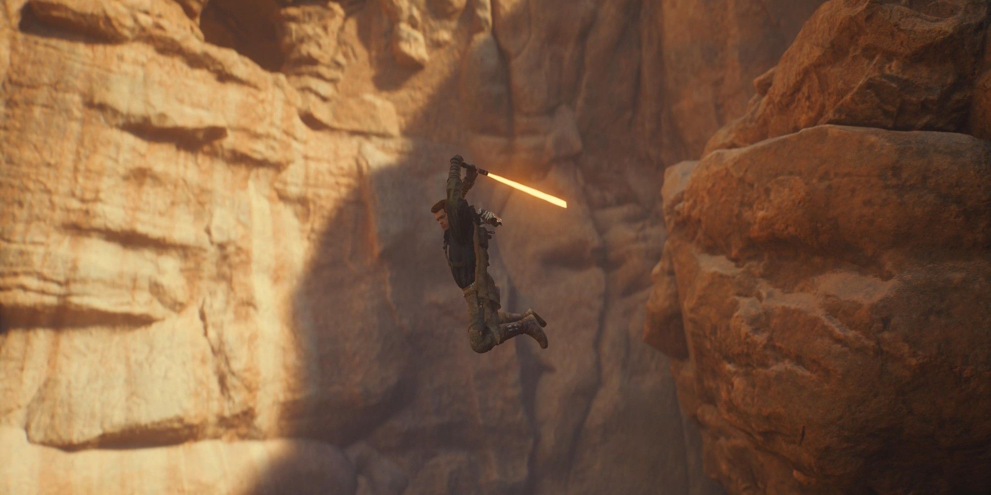 cal performing a jump attack with his orange lightsaber