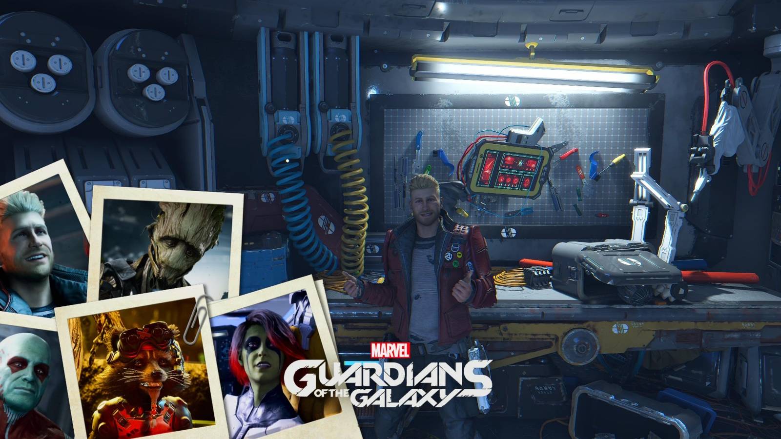 peter quill standing in front of rocket's workbench