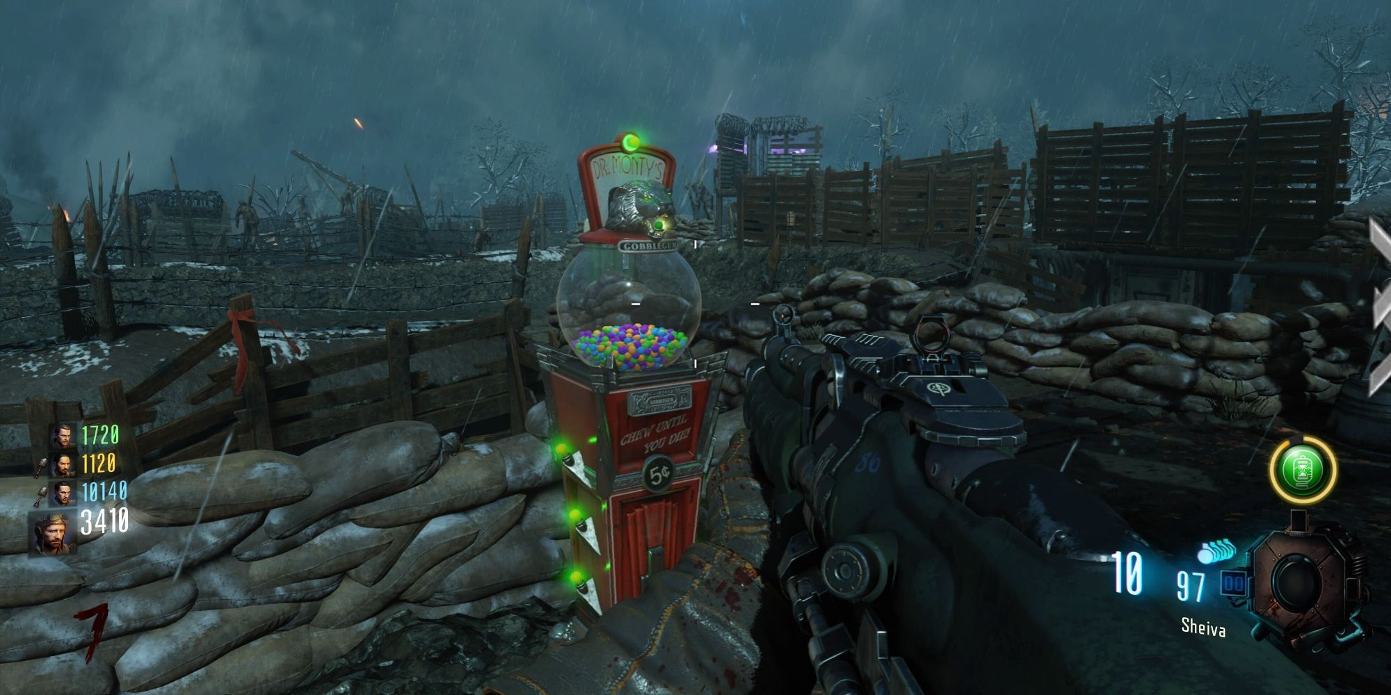 Gameplay from Call Of Duty: Black Ops 3 Zombie mode, showing a Gobblegum dispenser
