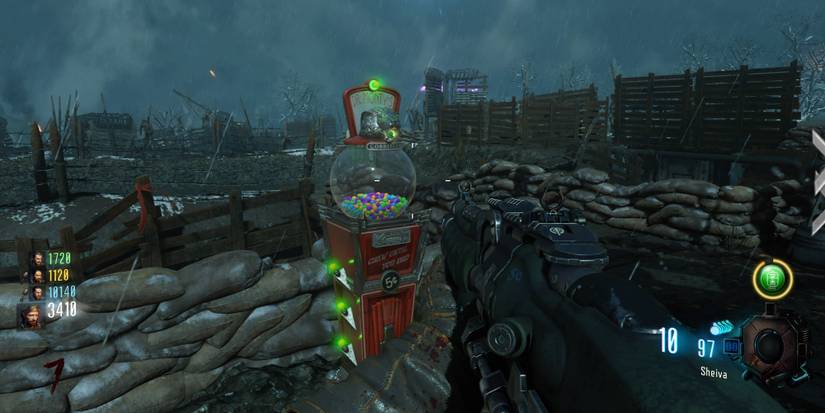 Gameplay from Call Of Duty: Black Ops 3 Zombie mode, showing a Gobblegum dispenser