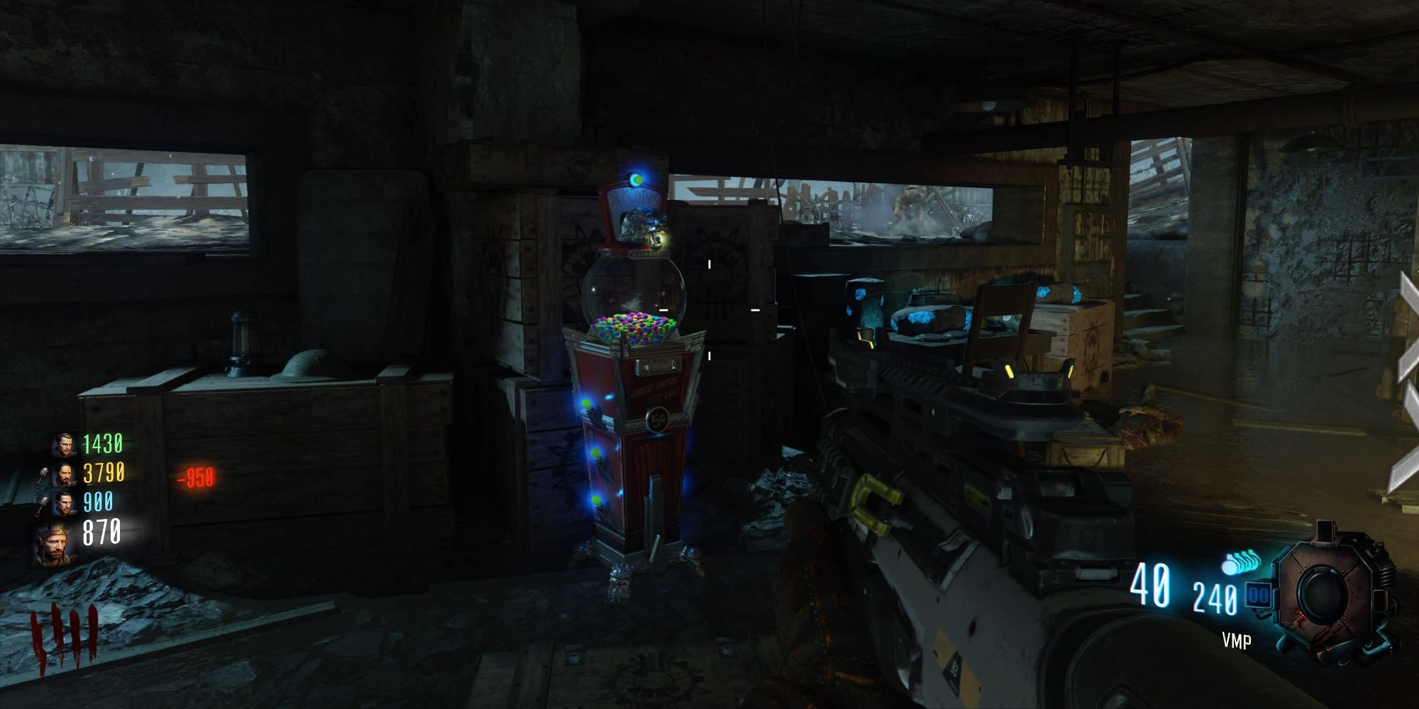 Gameplay from Call Of Duty: Black Ops 3 Zombie mode showing a Gobblegum dispenser