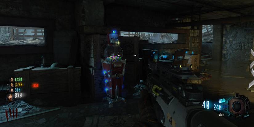 Gameplay from Call Of Duty: Black Ops 3 Zombie mode showing a Gobblegum dispenser