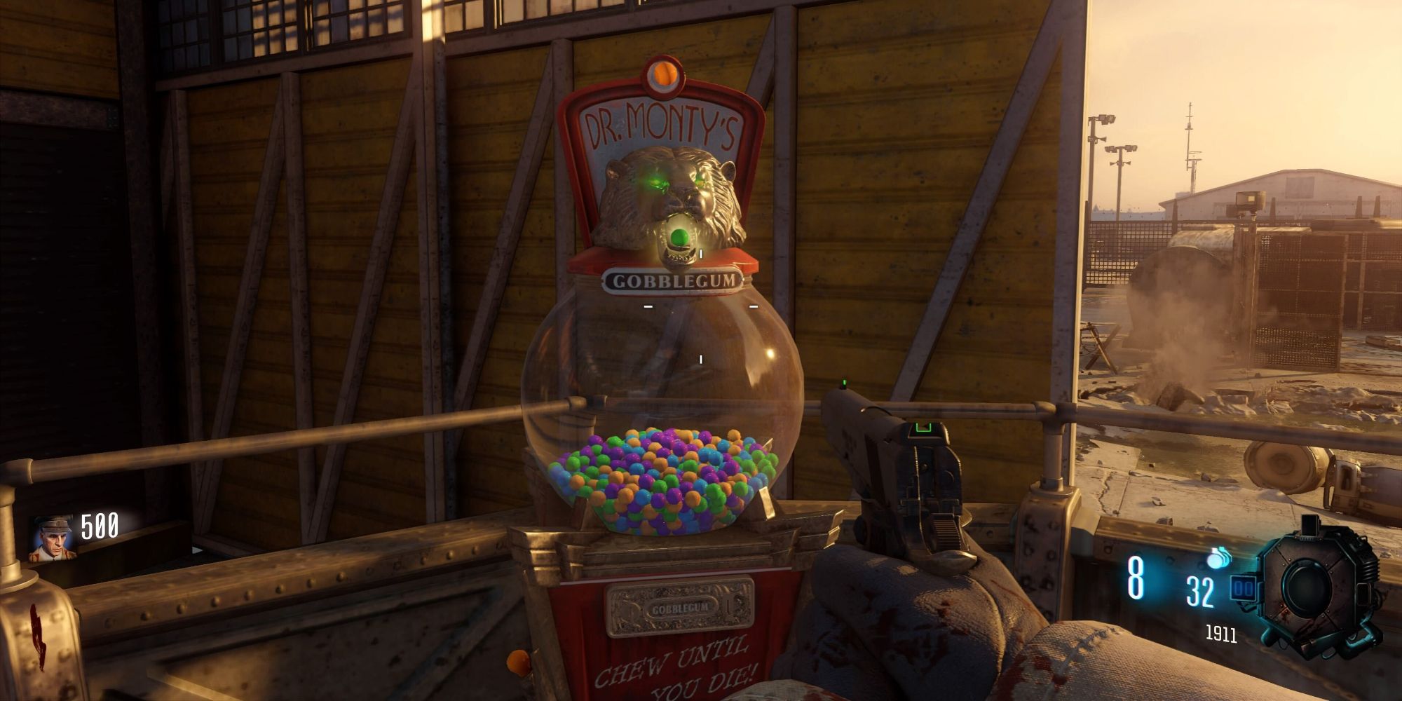 Gameplay from Call Of Duty: Black Ops 3 Zombie mode, showing a Gobblegum dispenser on the Moon map