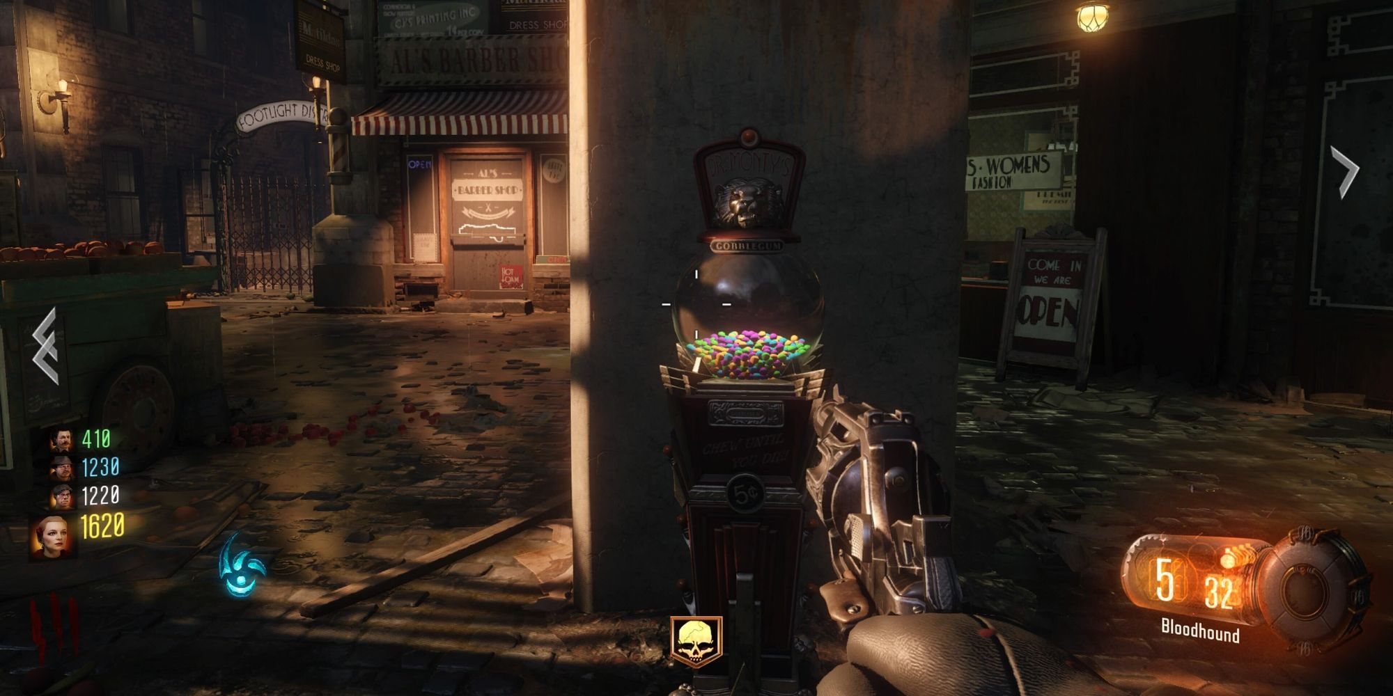 Gameplay from Call Of Duty: Black Ops 3 Zombie mode, showing a Gobblegum dispenser