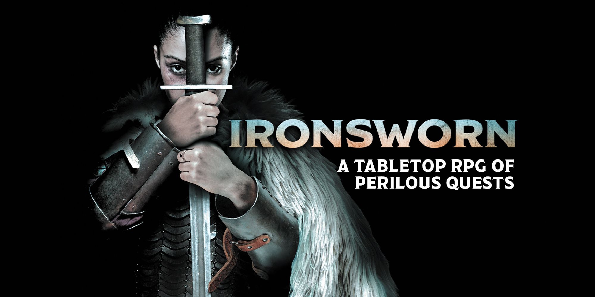 Ironsworn promotional picture showing an armored woman holding a sword groundward.