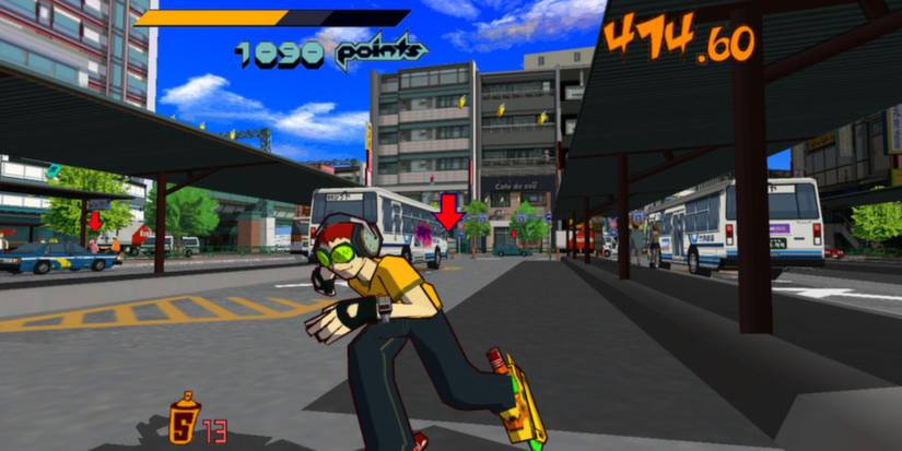 A player skating through a bus stop in Jet Set Radio