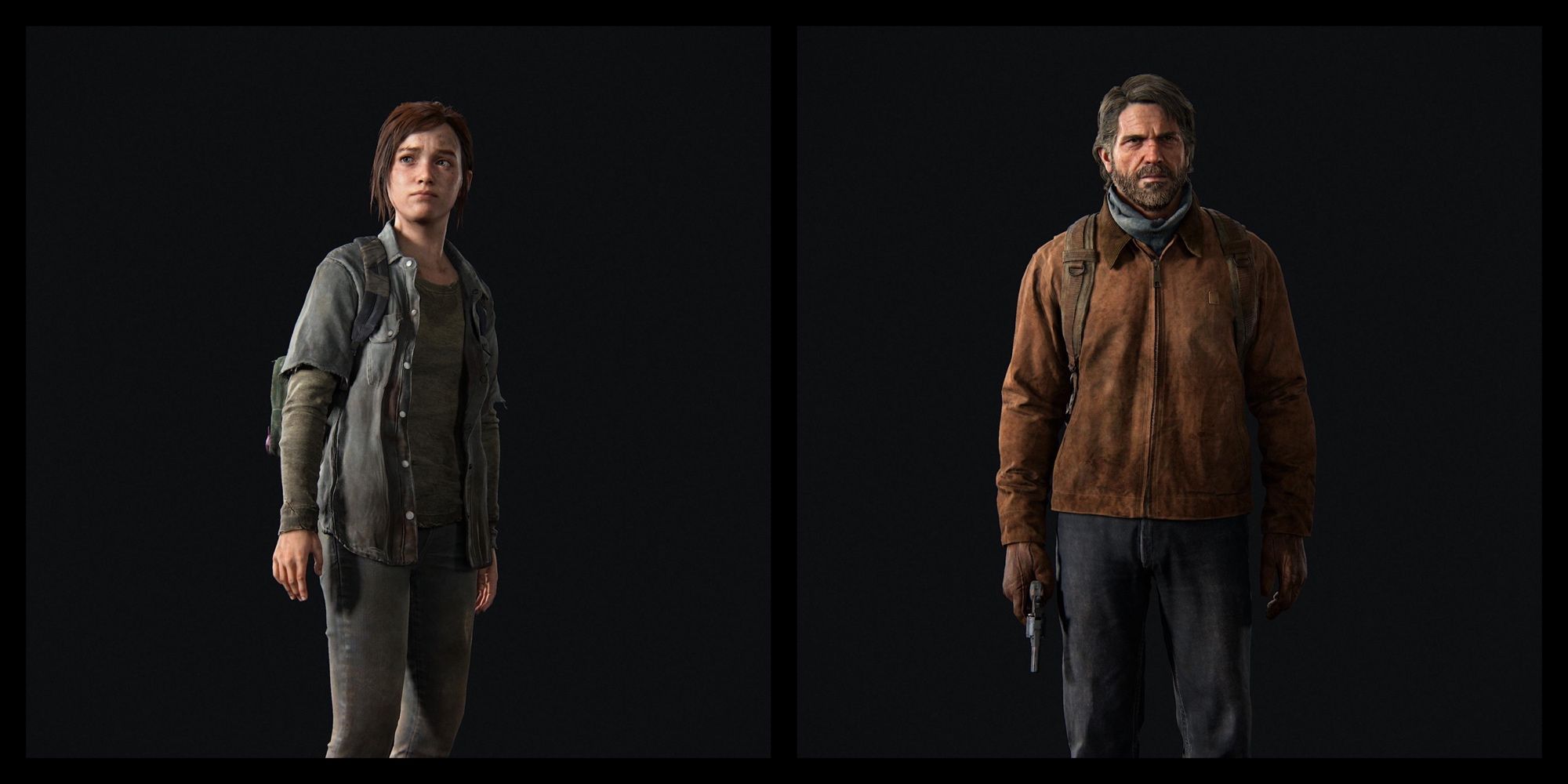 On the left, Ellie in her outfit from TLOU Part 2, on the right, Joel in his. 