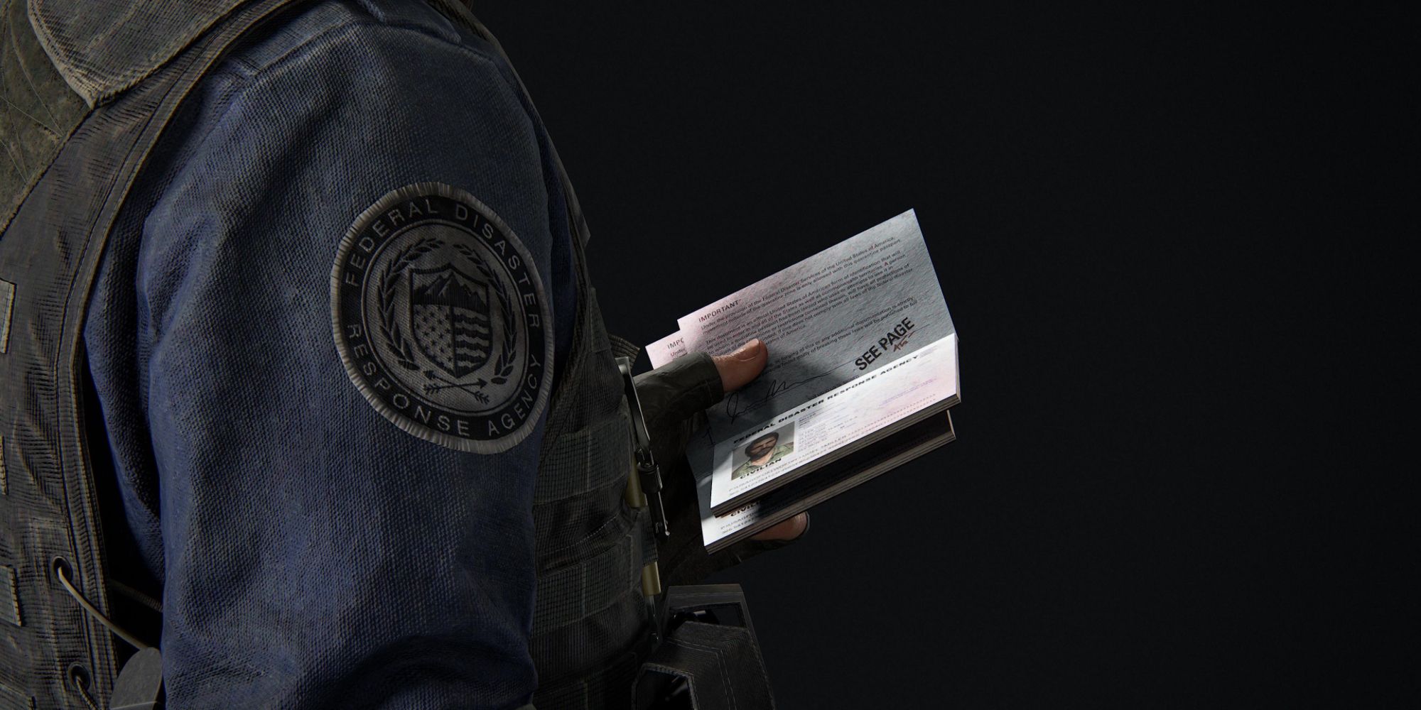 A FEDRA Guard holding Joel's ID papers.